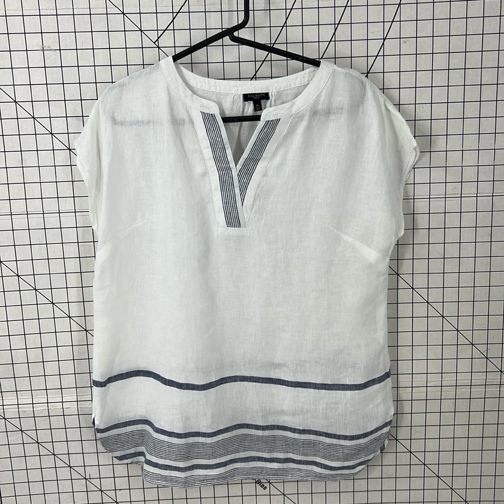 Talbots petite 100% linen boxy fit semi sheer top MP